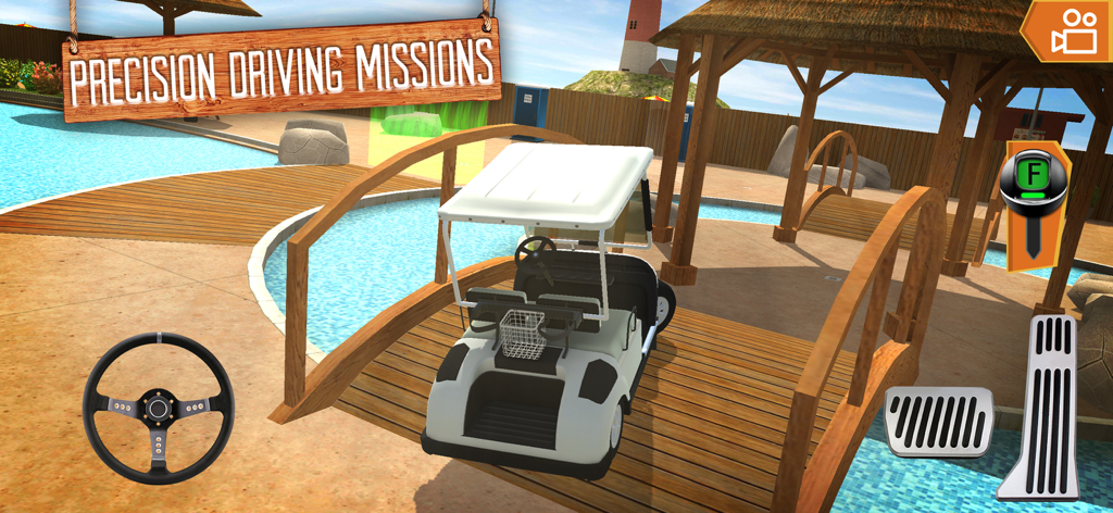 A white golf cart driving across a narrow wooden bridge at a sunny beach resort