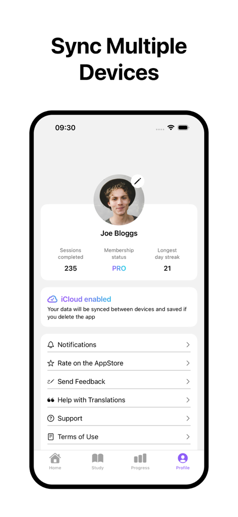 BrainDeck: AI Flashcards - Profile page of BrainDeck app showing user statistics and iCloud sync activation for multi-device study