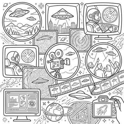 This intricate coloring page captures the intrigue of UFO sightings and their documentation through various lenses. Delve into a world of extraterrestrial encounters, radar scans, and cinematic captures, perfect for an engaging artistic journey.