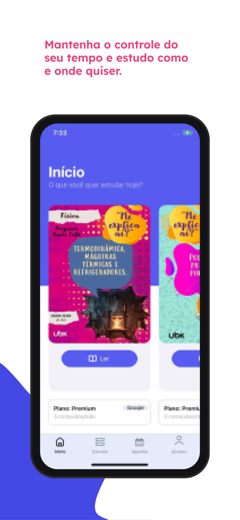 Home screen of the Aya Ensinah app showing a digital physics study guide about thermodynamics.
