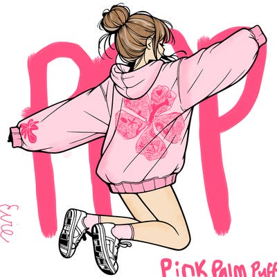 realistic girl jumping with a bun and oversized sweatshirt
