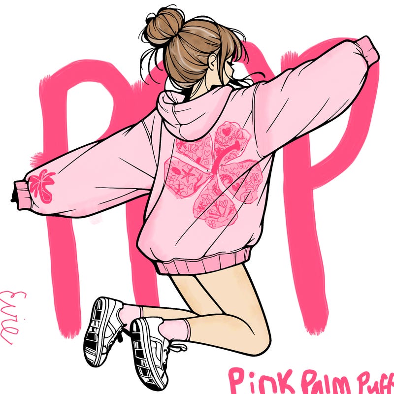 realistic girl jumping with a bun and oversized sweatshirt