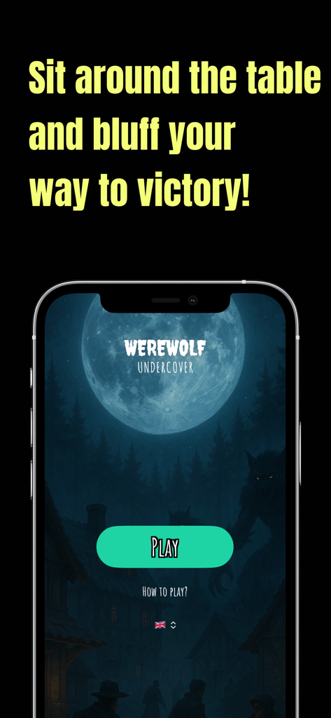 Pantalla de inicio de la aplicación móvil Werewolf Undercover con un botón de reproducción y tema de bosque a la luz de la luna