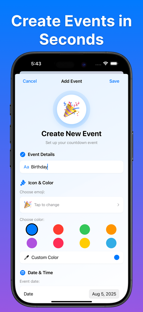 Countdown Widget • - Interfaz de la aplicación Widget de Cuenta Regresiva que muestra la pantalla Crear Nuevo Evento con opciones de títulos, emojis, colores y fechas
