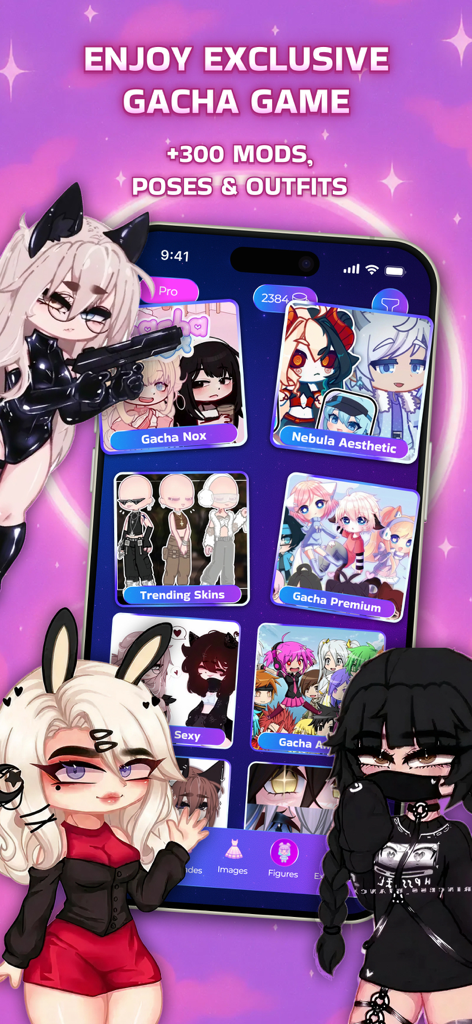 Smartphone screen showing Gacha World Club app interface with exclusive character mods and outfit categories