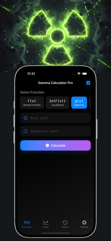 Gamma Calculator - Interface of the Gamma Calculator Pro app showing special mathematical functions and complex number input fields.