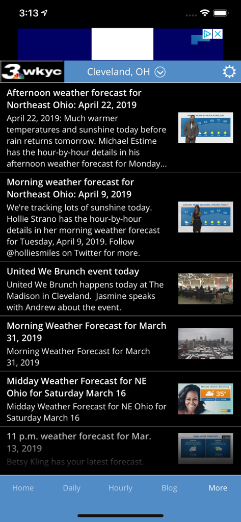 WKYC Weather app interface showing a list of daily weather forecasts and local events for Northeast Ohio