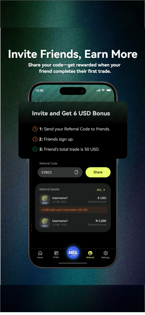 CardBase X mobile app referral screen showing steps to invite friends and earn bonus rewards