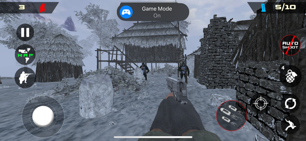 Last Day of Winter: Epic War - Una vista de disparos en primera persona en un pueblo nevado del bosque del juego móvil Last Day of Winter.