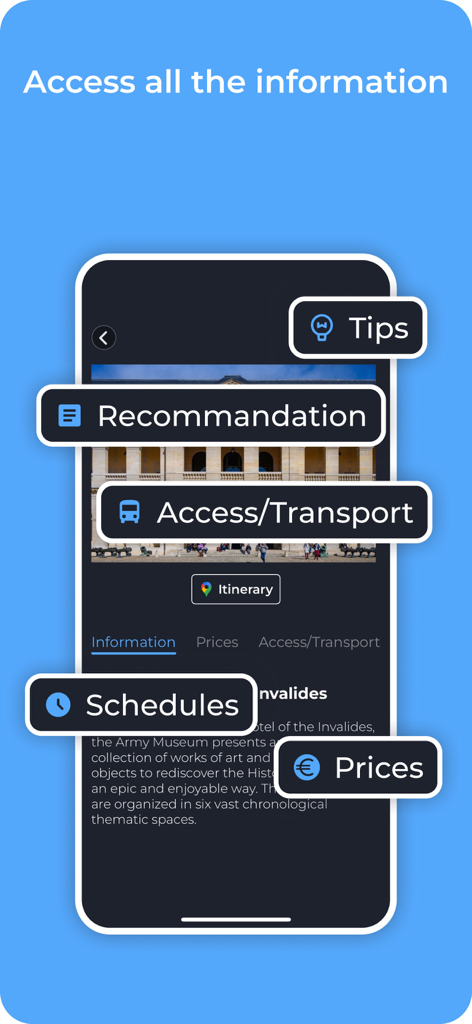 Henri Trip - Guide interactif - Écran de l'application Henri Trip affichant des informations pratiques de voyage telles que les horaires, les prix et les transports pour une destination touristique