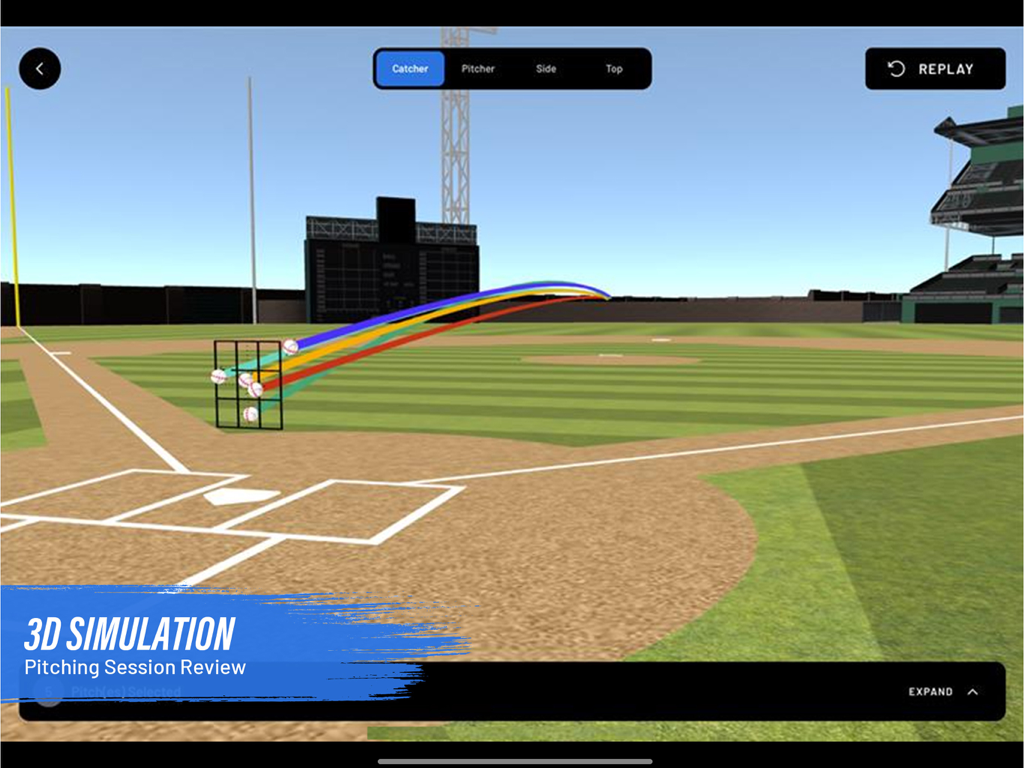 Rapsodo Baseball - ラプソド・ベースボールアプリの3D投球シミュレーション。複数の打球軌道とストライクゾーン分析が表示されます。