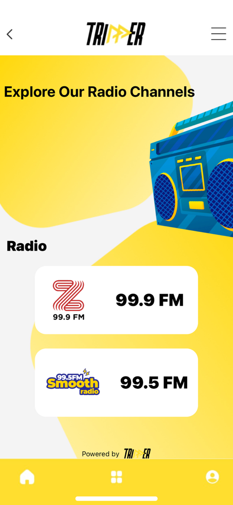 Tripper Travel - Tripper Travelのモバイルインターフェース、機内エンターテイメント用のSmooth Radioなどの利用可能なラジオチャンネルを表示