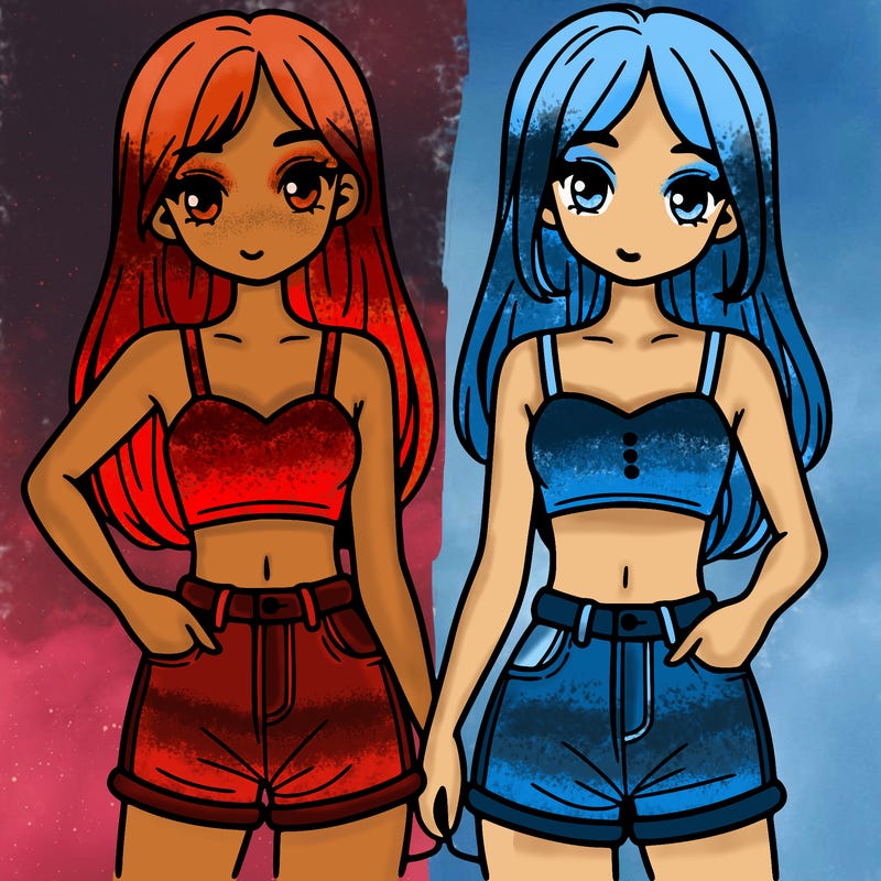 two sisters with crop tops and jean shorts and straight hair