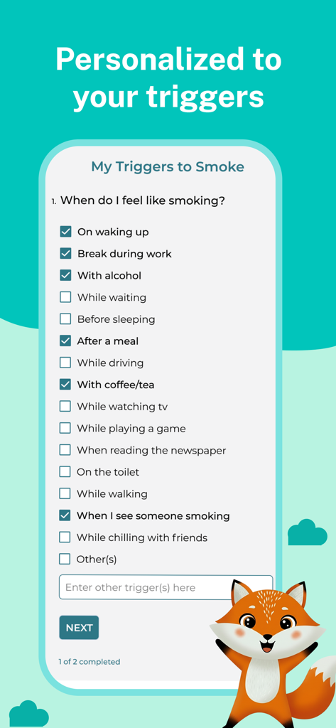 QuitSure Quit Smoking & Vaping - Lista de verificação personalizada de gatilhos de fumo no aplicativo QuitSure