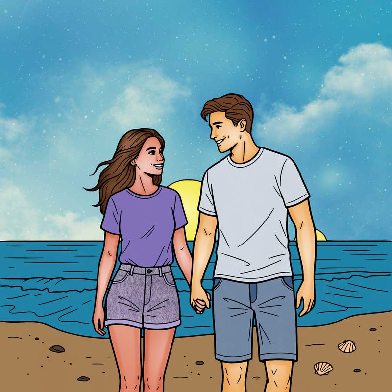 realistic couple man and woman being in love  and holding hands on the beach and smiling at each other