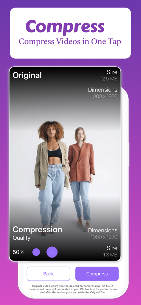 Fast Cleaner: AI Photo Clean - Interface of Fast Cleaner app showing the video compression tool reducing file size from 2.5 MB to 1.3 MB in one tap.