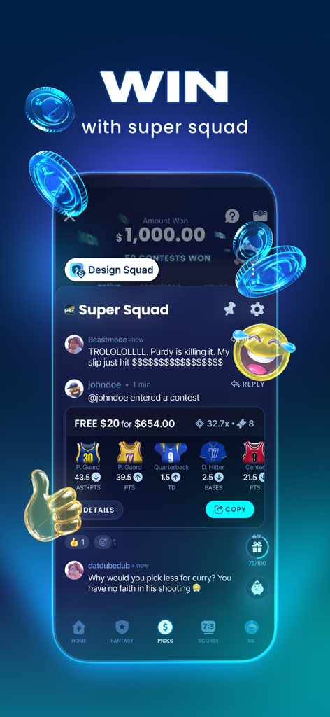 Sleeper app group chat interface called Super Squad showing user messages and shared fantasy sports picks.