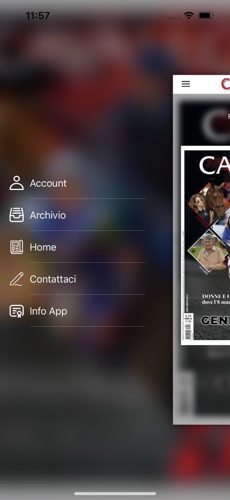 Cavallo Magazine - Main navigation side menu of the Cavallo Magazine app showing account and archive options