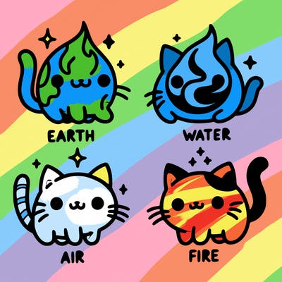 4 cats that represent the different elements, earth, water, air, and fire