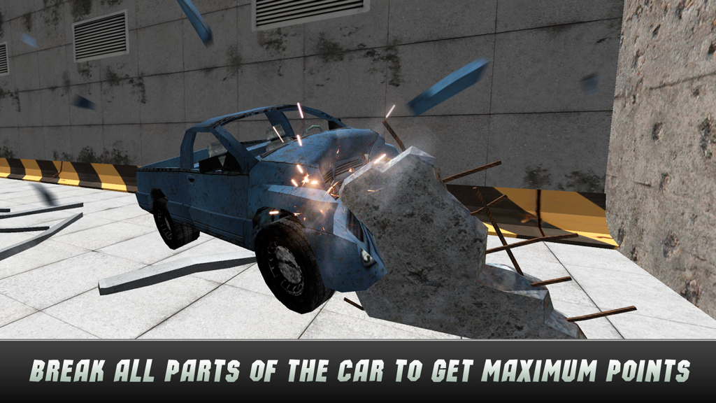 Extreme Car Crash Test Simulator 3D - A blue pickup truck smashing into a concrete block with sparks and debris in a car crash simulator game