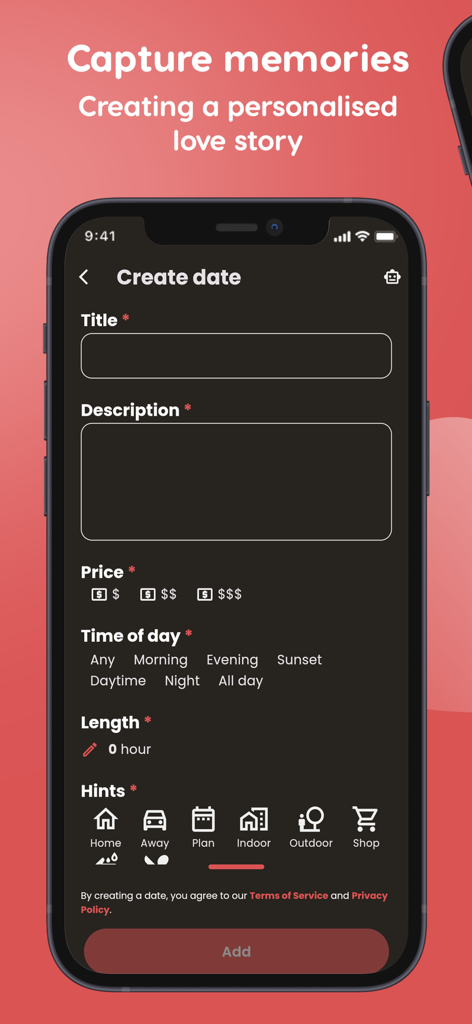 Scratch The Date - パーソナライズされた体験の計画のためのScratch The DateアプリのCreate Date機能を展示するスマートフォンの画面。