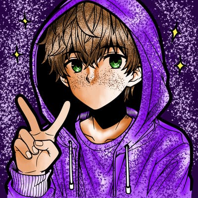 teenage manga boy in a hoodie, doing ✌