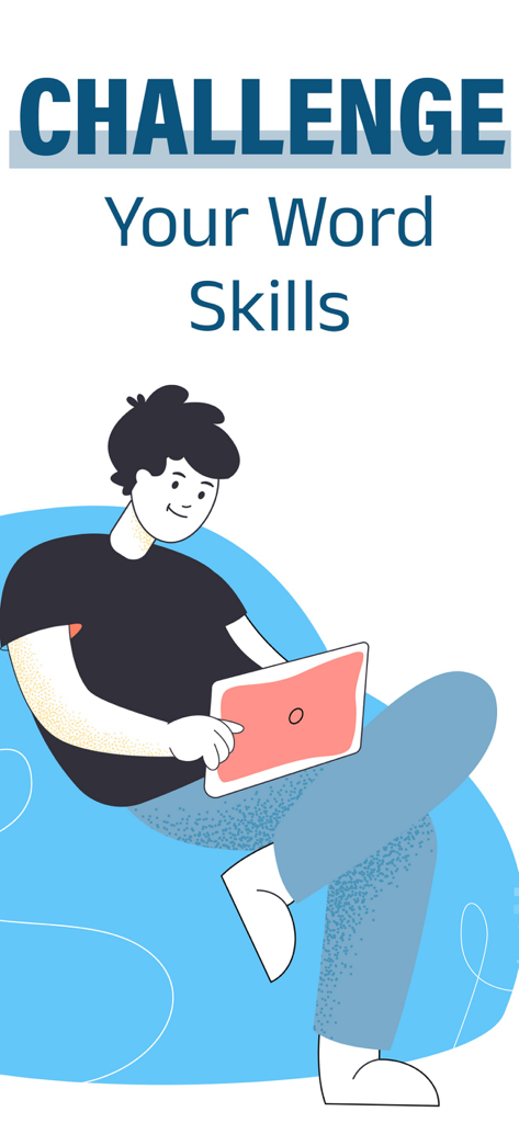 Letterpress – Word Game - An illustration of a person playing a word game on a tablet with the headline Challenge Your Word Skills