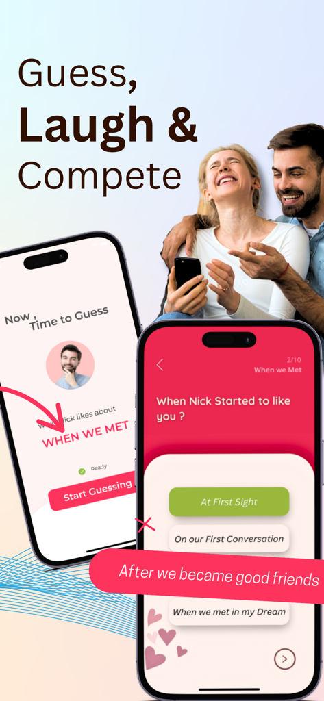 A couple laughing while playing a relationship quiz on the Lovify app