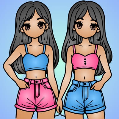 two sisters with crop tops and jean shorts and straight hair