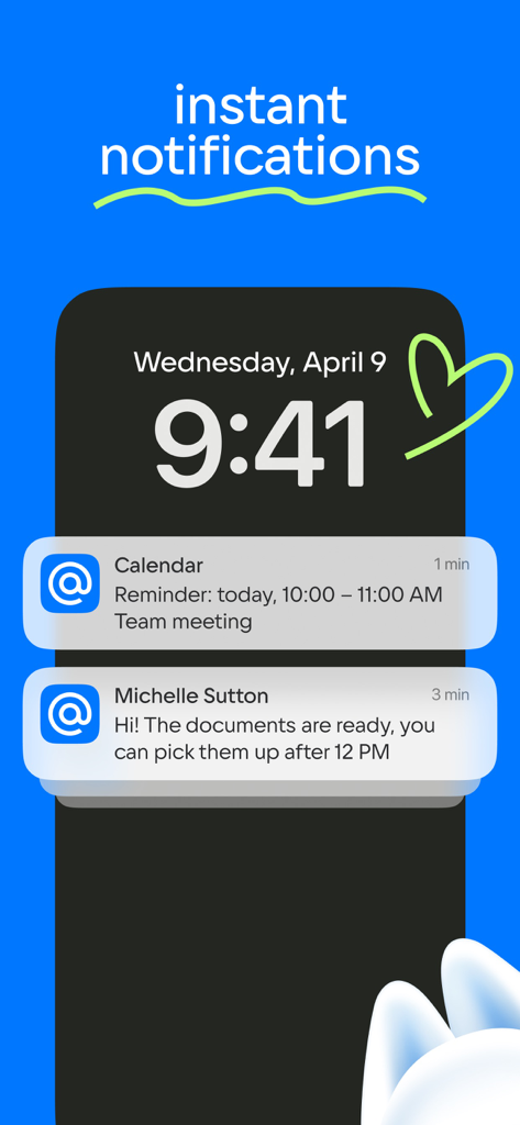 iPhone lock screen showing instant email and calendar notifications from the Mail app