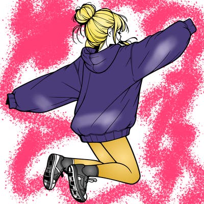 realistic girl jumping with a bun and oversized sweatshirt