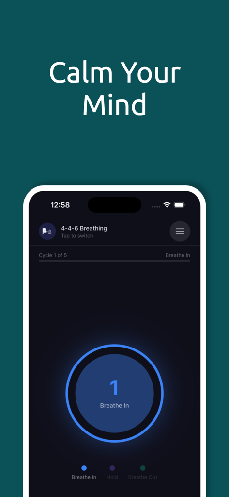 Regulator - Regulator app interface showing a 4-4-6 paced breathing exercise to calm the mind