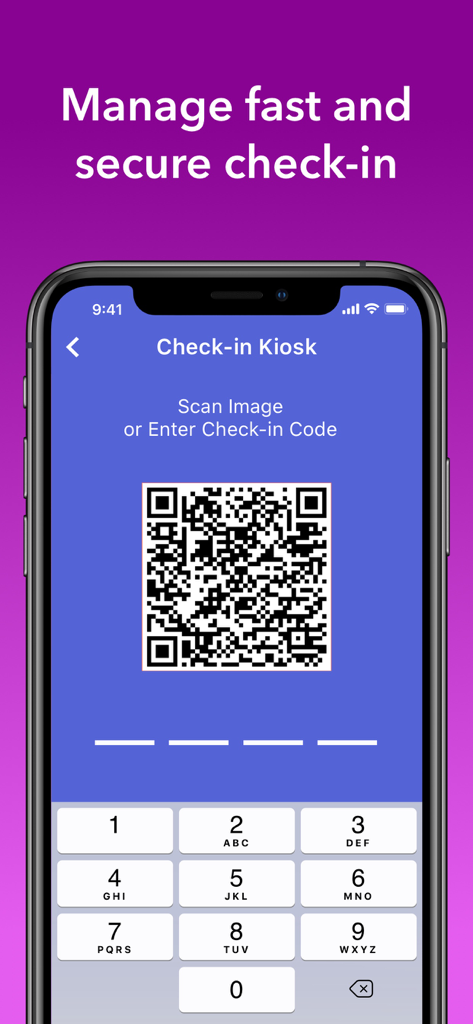 Brightwheel app check-in kiosk interface with QR code and numeric keypad for secure entry