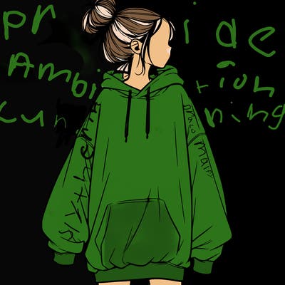 realistic girl with a oversized sweatshirt on and a bun
