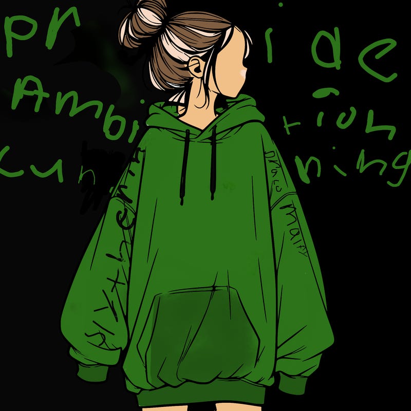 realistic girl with a oversized sweatshirt on and a bun