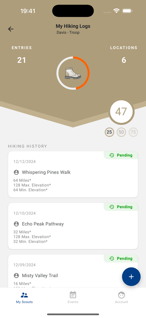 Scouting - A screen from the Scouting app displaying hiking logs including entry totals and a detailed hiking history list