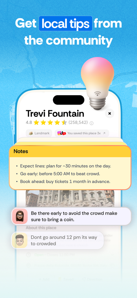 Interface of Roamy app showing community travel tips and planning notes for Trevi Fountain
