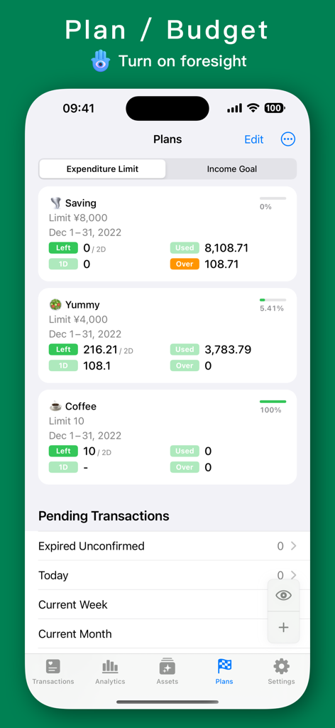MoneyThings - Finance Tracker - Screenshot of the MoneyThings app showing expenditure limits for savings and food categories