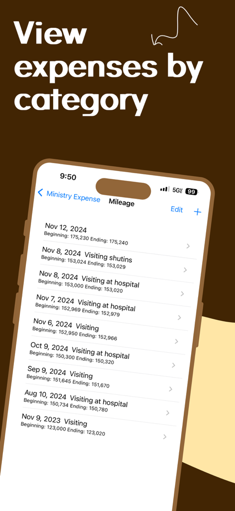 MinistryExpense - Smartphone screen showing a list of ministry mileage logs for visits to hospitals and shut-ins