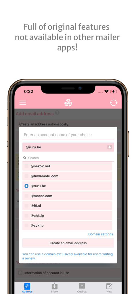 InstAddr app interface for creating a new disposable email address with multiple domain options.