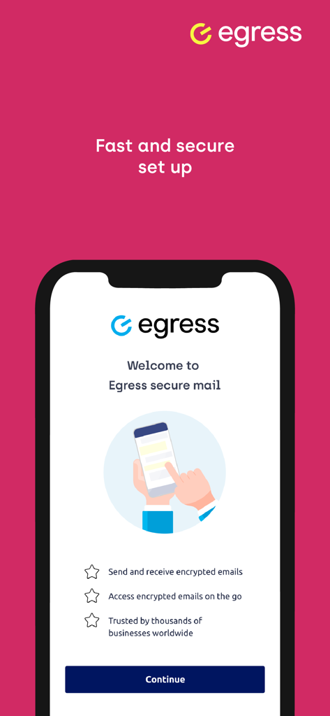 Egress Secure Mail app welcome screen showing encrypted email features and secure mobile access