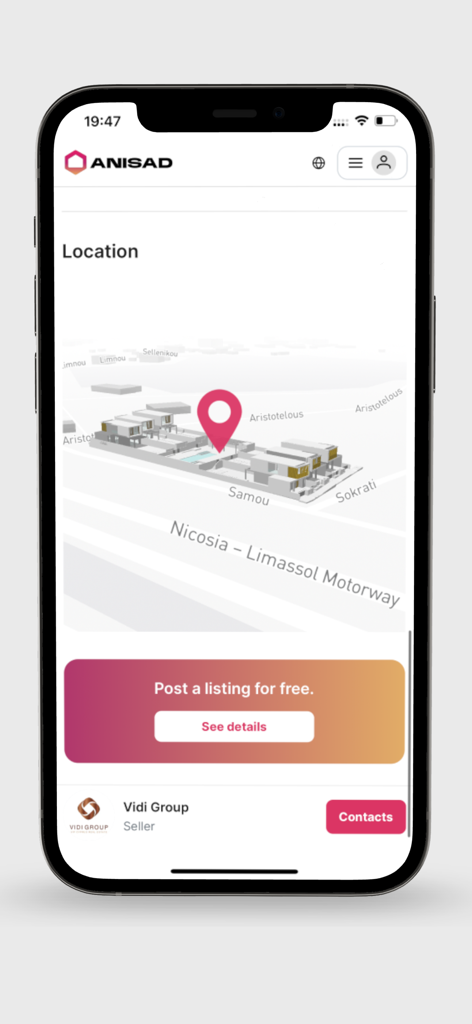 ANISAD - Aplicação imobiliária Anisad mostrando um mapa 3D da localização do imóvel para um anúncio no Chipre