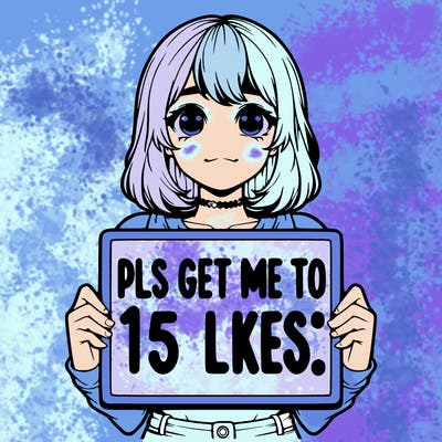 realistic girl holding up a sign that says “pls get me to 15 likes!”