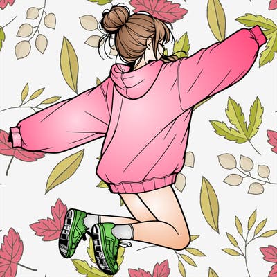 realistic girl jumping with a bun and oversized sweatshirt