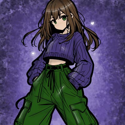 anime teen girl with baggy pants and crop top with sweater
