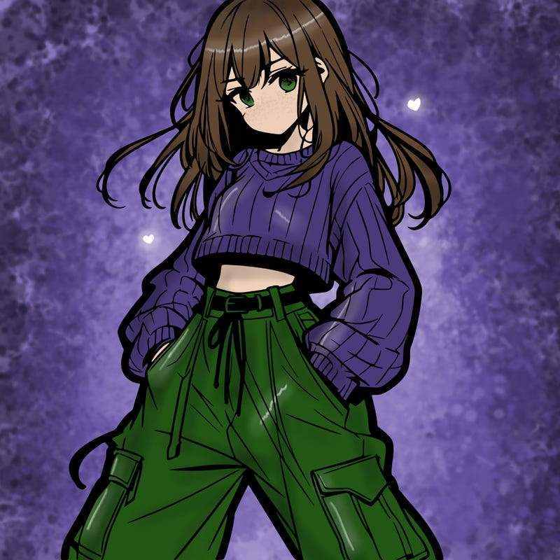 anime teen girl with baggy pants and crop top with sweater