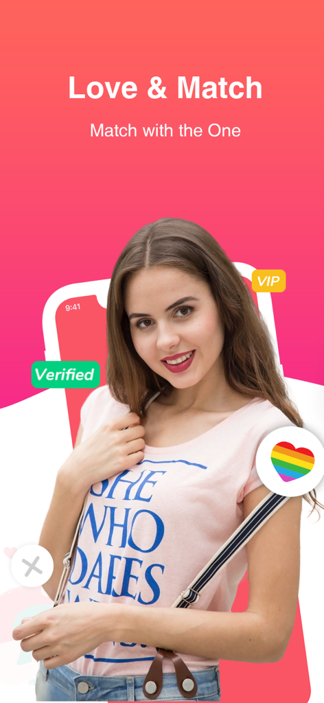 Newe: LGBTQ+ Dating & Chat App - Newe LGBTQ+ dating app interface with a verified profile and rainbow heart icon