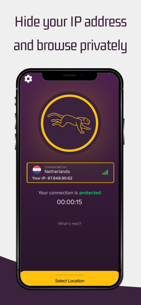 PantherVPN – Fast Secure VPN - Écran de l'application PantherVPN montrant une connexion privée à un serveur aux Pays-Bas.