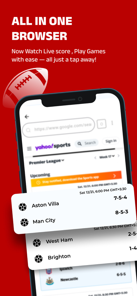 Interface de l'application mobile Streameast Browser affichant les scores de football en direct et les mises à jour des matchs de football américain