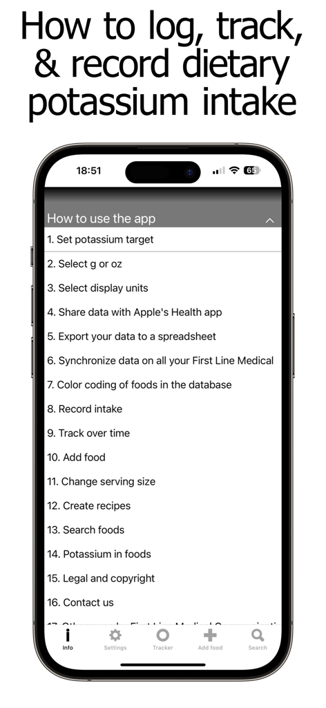 Instructional menu showing how to log and track dietary potassium intake within the app
